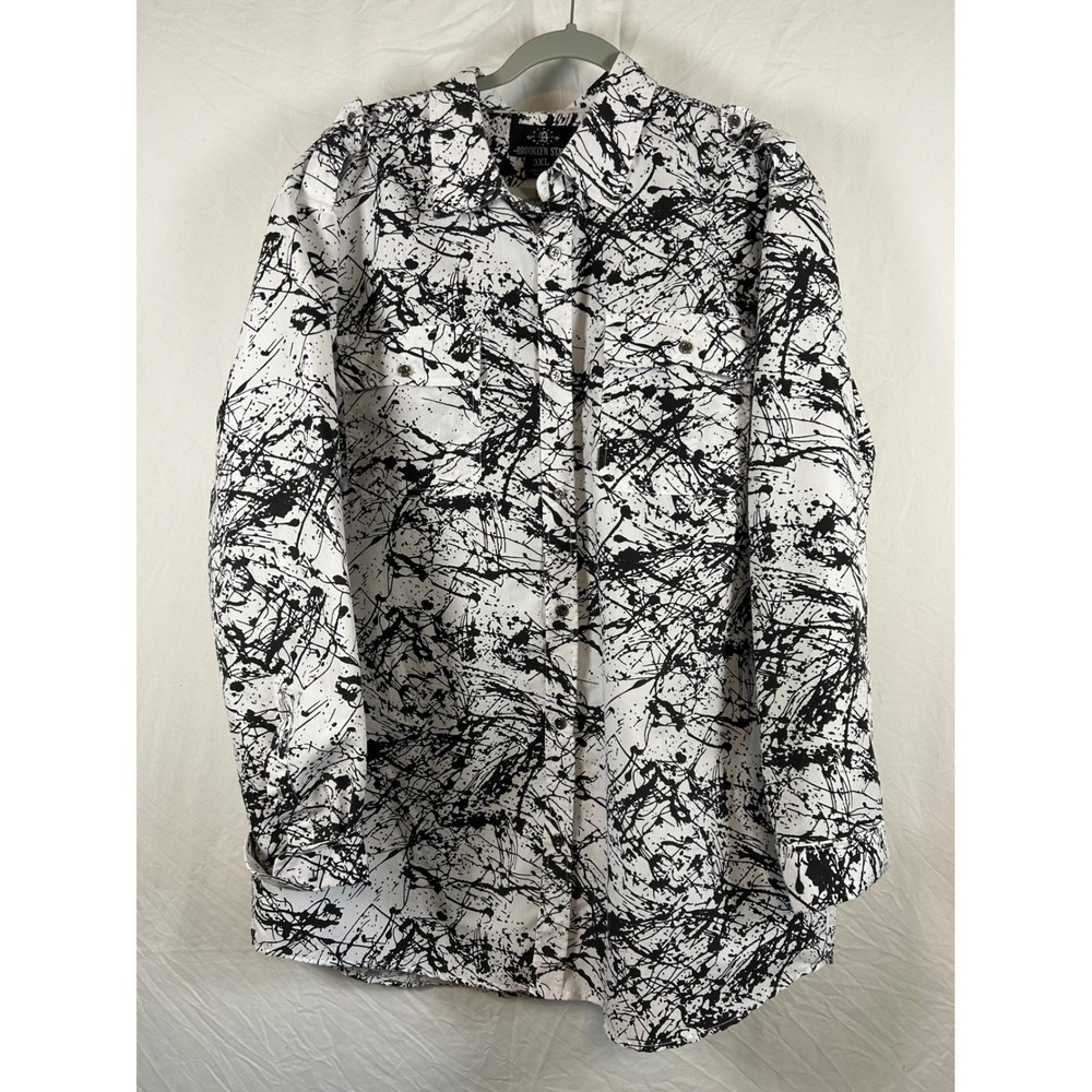 Brooklyn‎ State Mens 3XL White Black Paint Splatter Button Down Shirt Epaulettes
